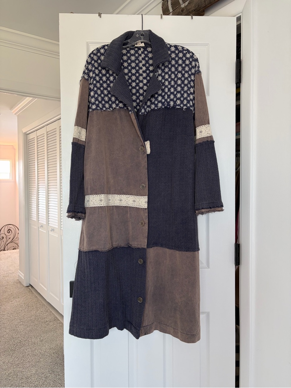 POL Patchwork Long Cardigan in Navy and Brown